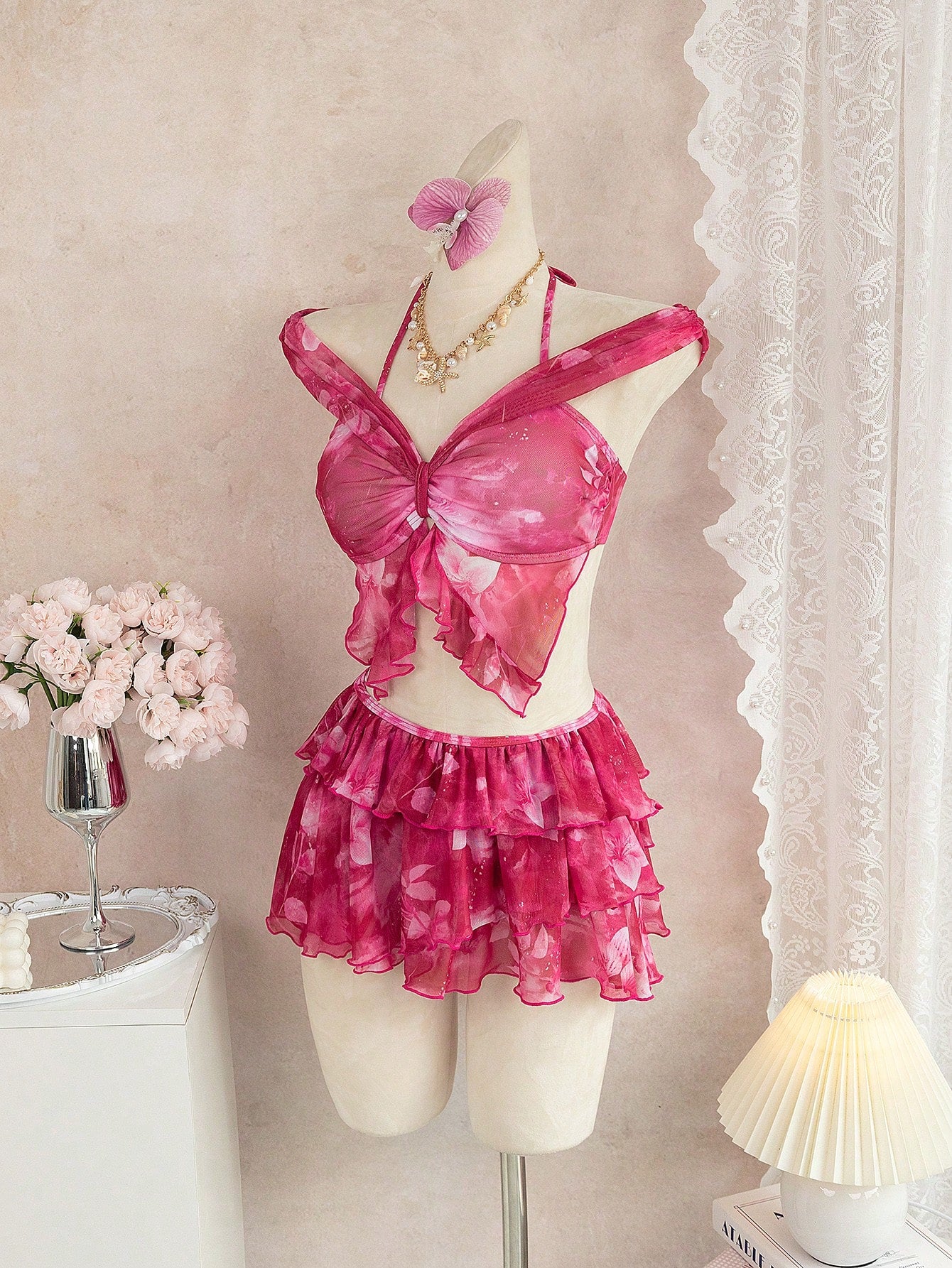 3-Piece Leopard & Floral Print Ruffle Bikini Set