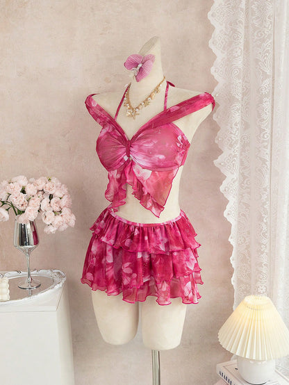 3-Piece Leopard & Floral Print Ruffle Bikini Set