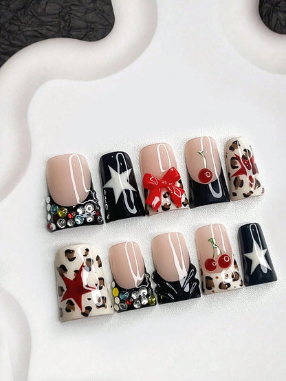 10pcs 3D Red Bow & Cherry Handmade Press-On Nails