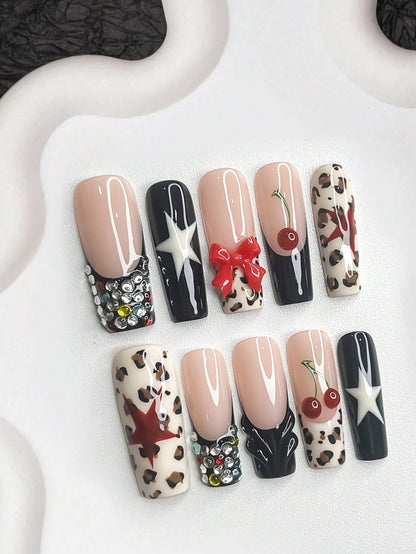 10pcs 3D Red Bow & Cherry Handmade Press-On Nails