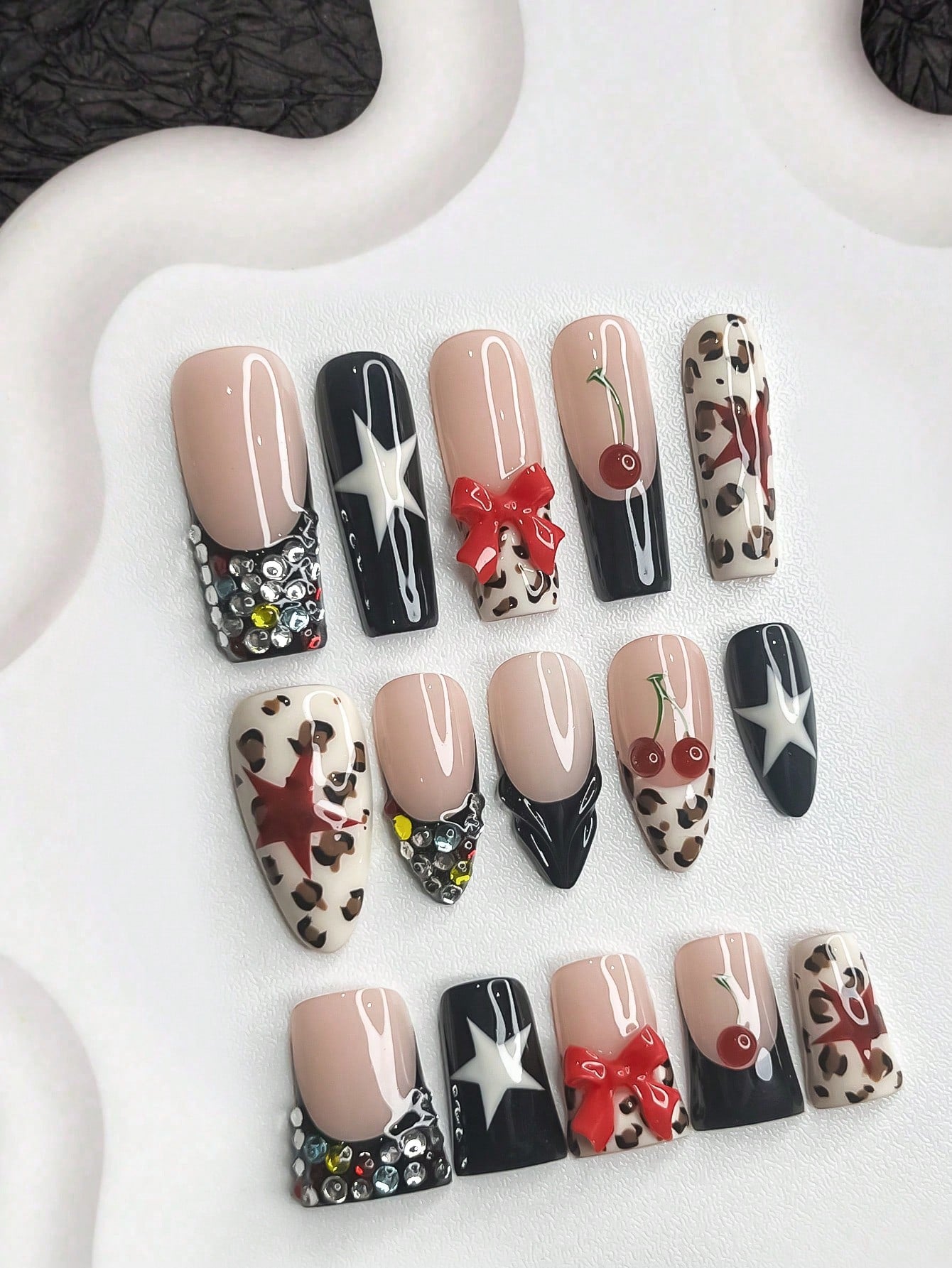 10pcs 3D Red Bow & Cherry Handmade Press-On Nails