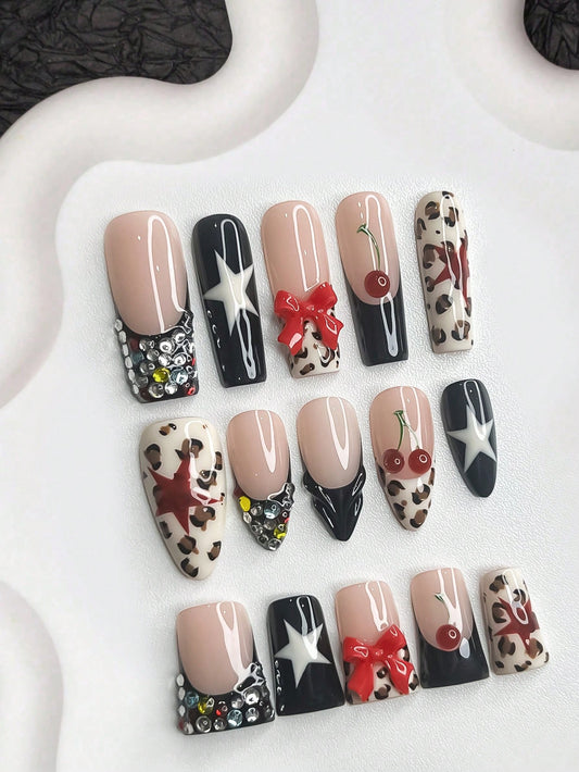 10pcs 3D Red Bow & Cherry Handmade Press-On Nails