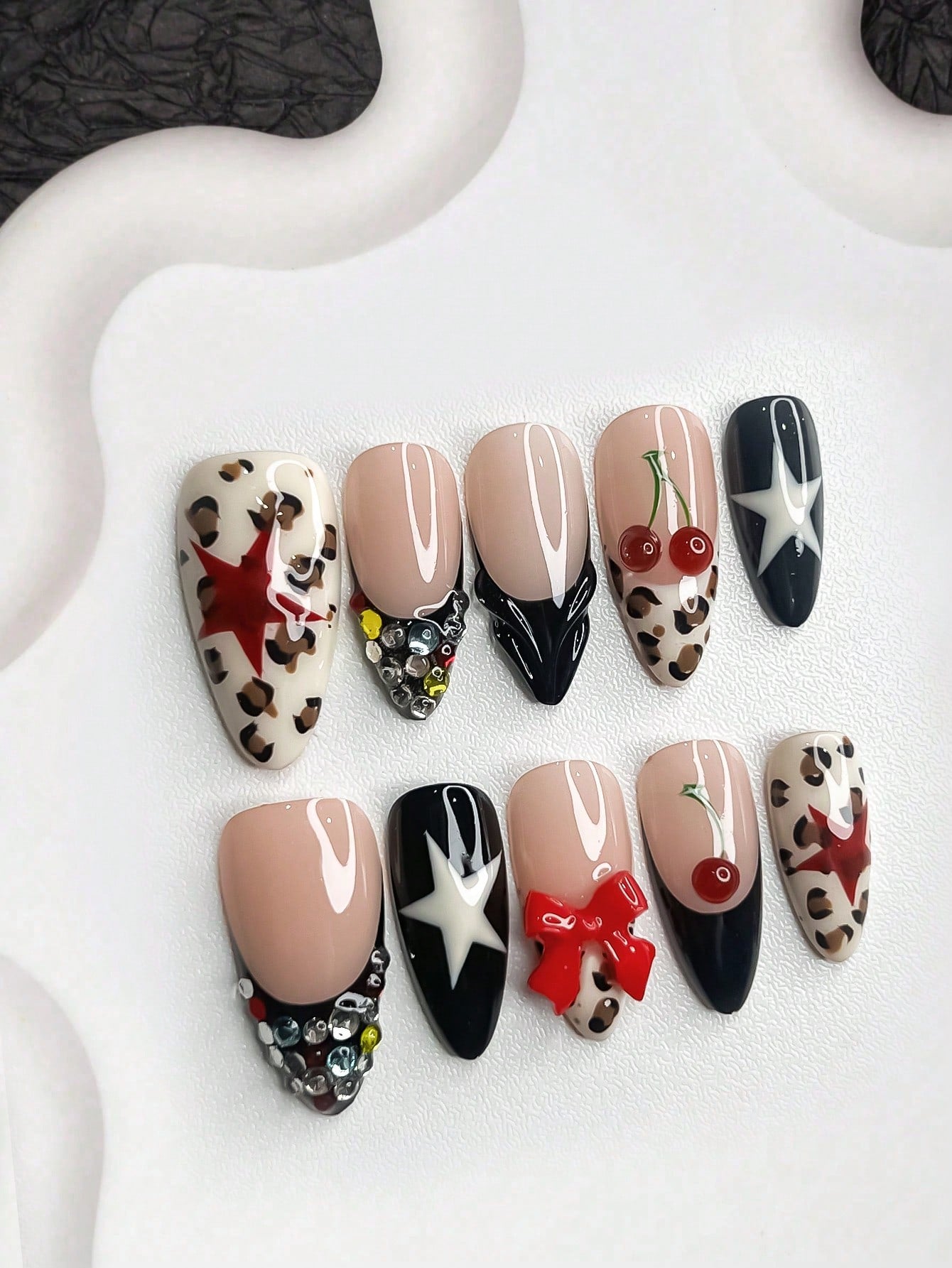 10pcs 3D Red Bow & Cherry Handmade Press-On Nails