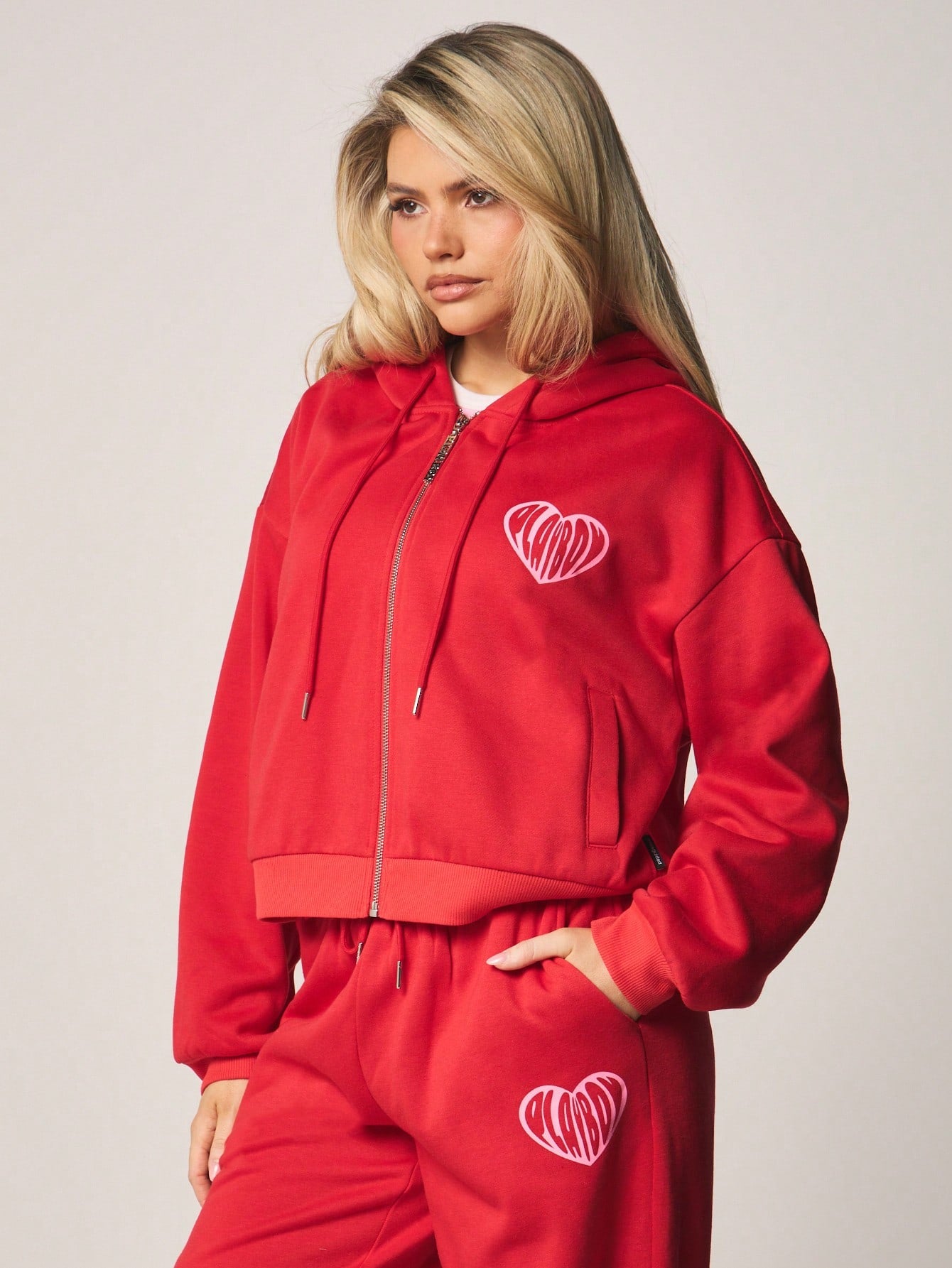 Playboy Cropped Heart Print Zip-Up Hoodie