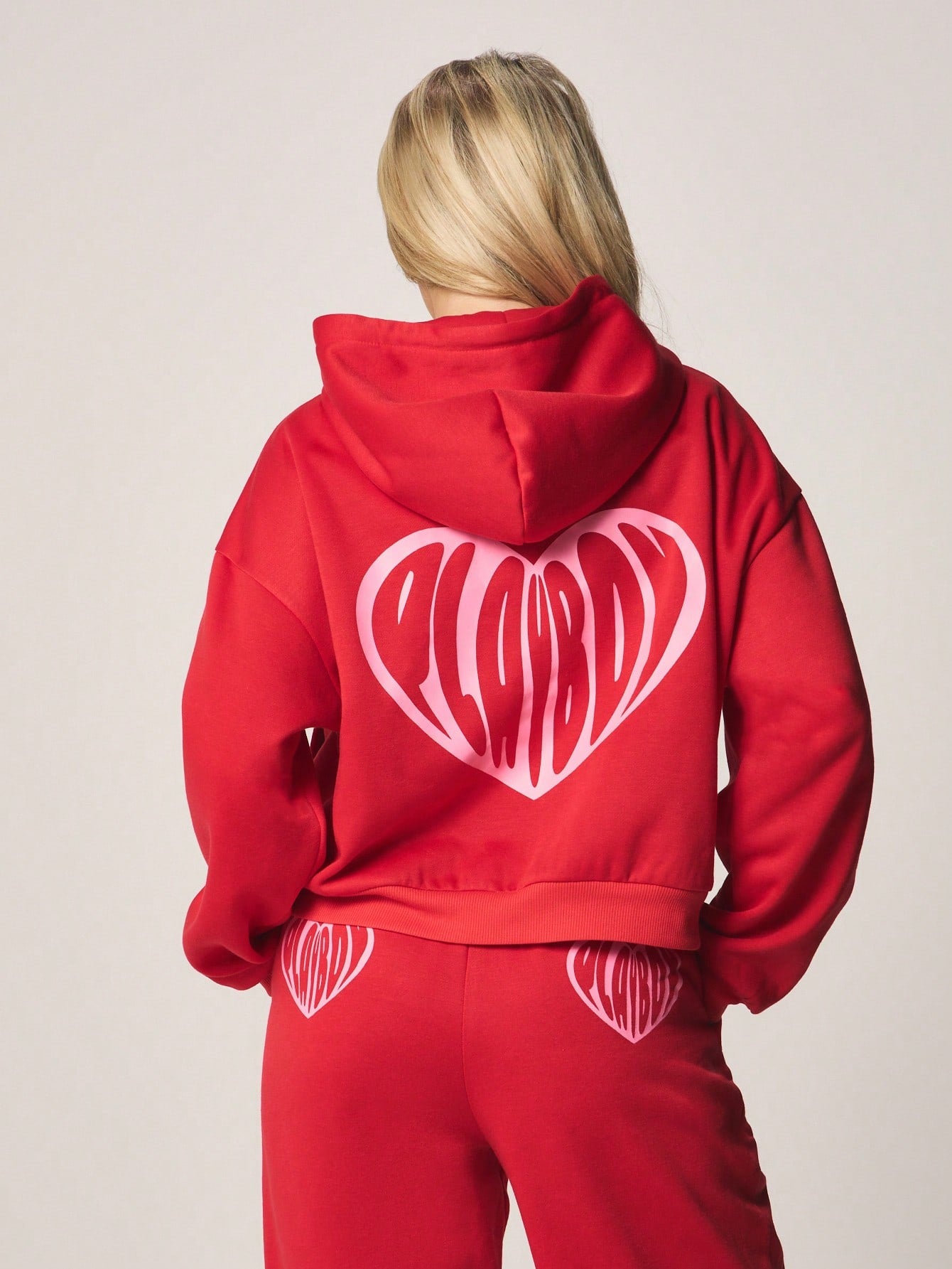 Playboy Cropped Heart Print Zip-Up Hoodie