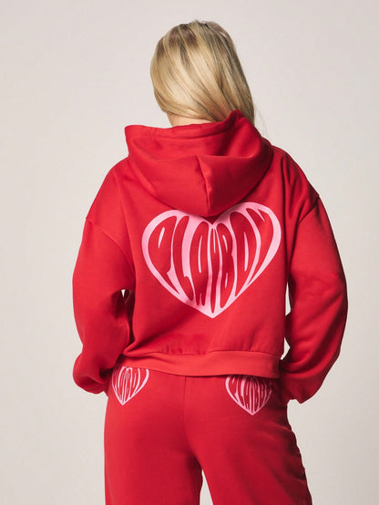 Playboy Cropped Heart Print Zip-Up Hoodie