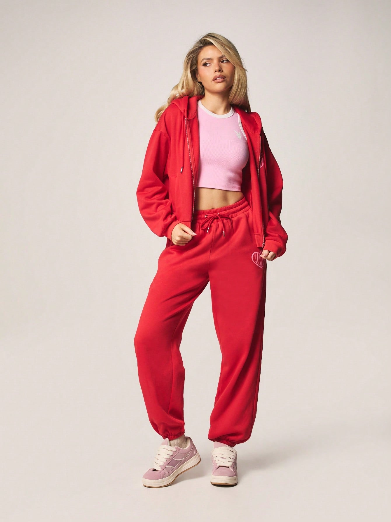 Playboy Cropped Heart Print Zip-Up Hoodie