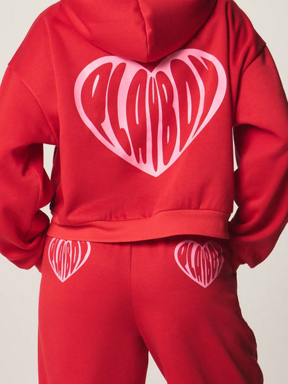 Playboy Cropped Heart Print Zip-Up Hoodie