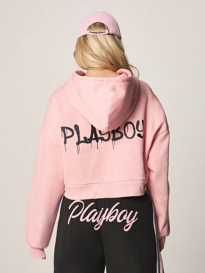 Playboy Oversized Crop Graffiti Zip Hoodie