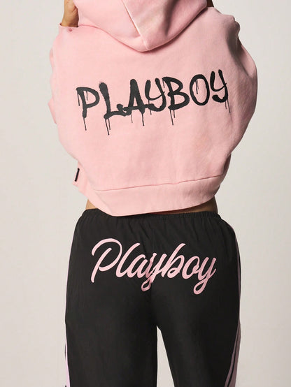 Playboy Oversized Crop Graffiti Zip Hoodie