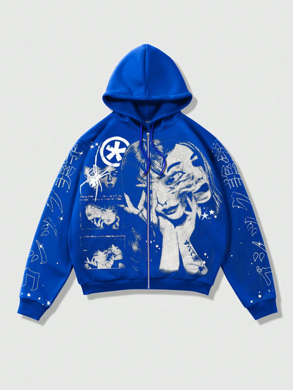 Men's Red Punk Graphic Zip-Up Y2K Streetwear Hoodie