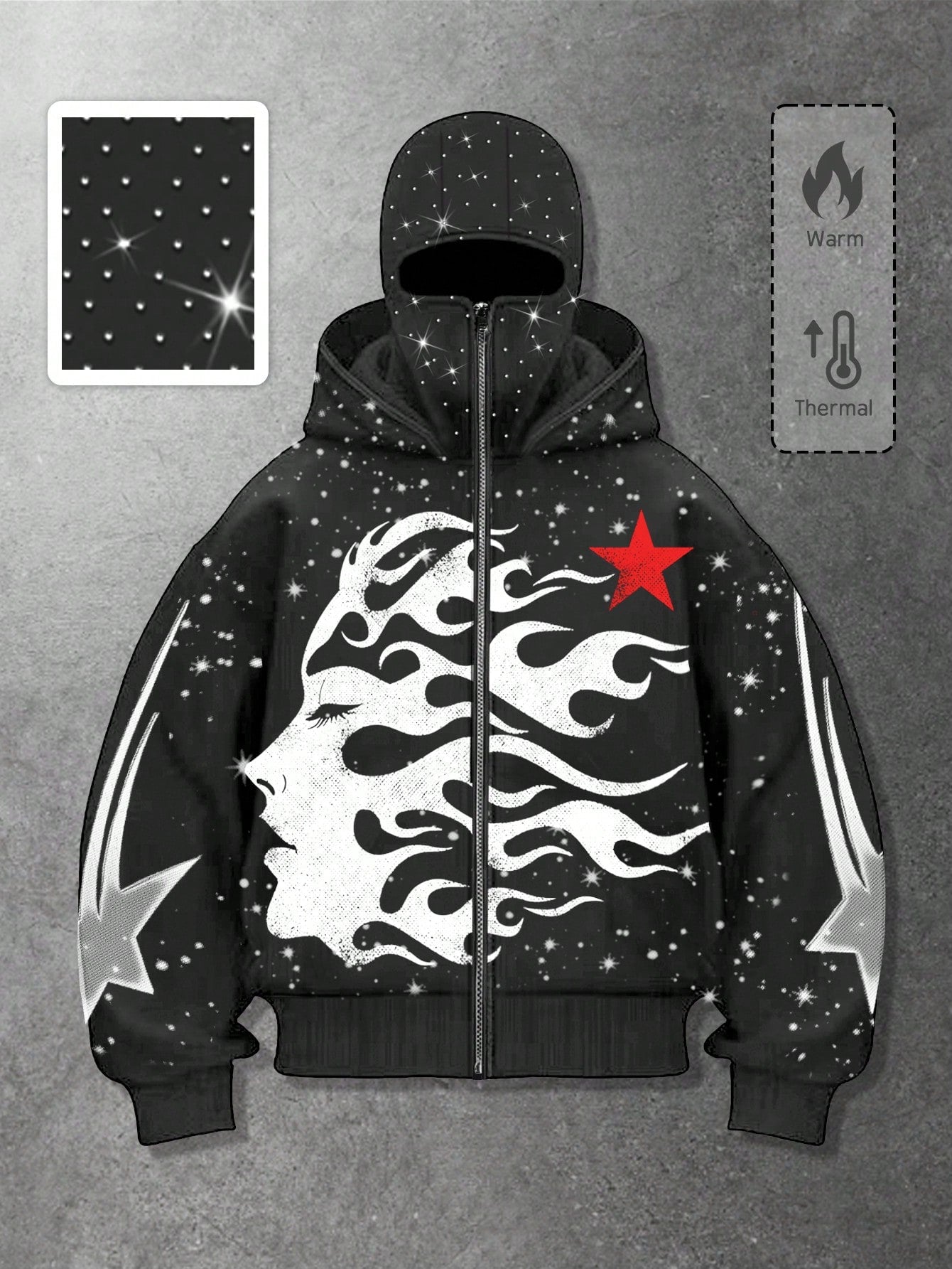 Men's Goth Rhinestone Graphic Zip-Up Hoodie