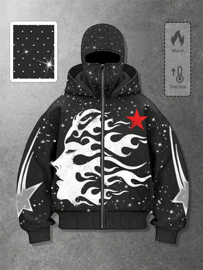 Men's Goth Rhinestone Graphic Zip-Up Hoodie