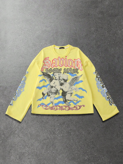 Men's Angel Letter Print Long Sleeve Tee