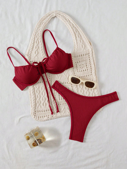 Contrast Color Bow Tie Bikini Swimwear Set