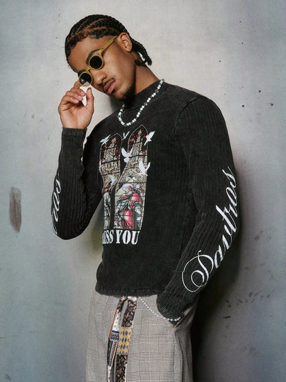 Y2K Dark Grey Religious Graphic Ribbed T-Shirt