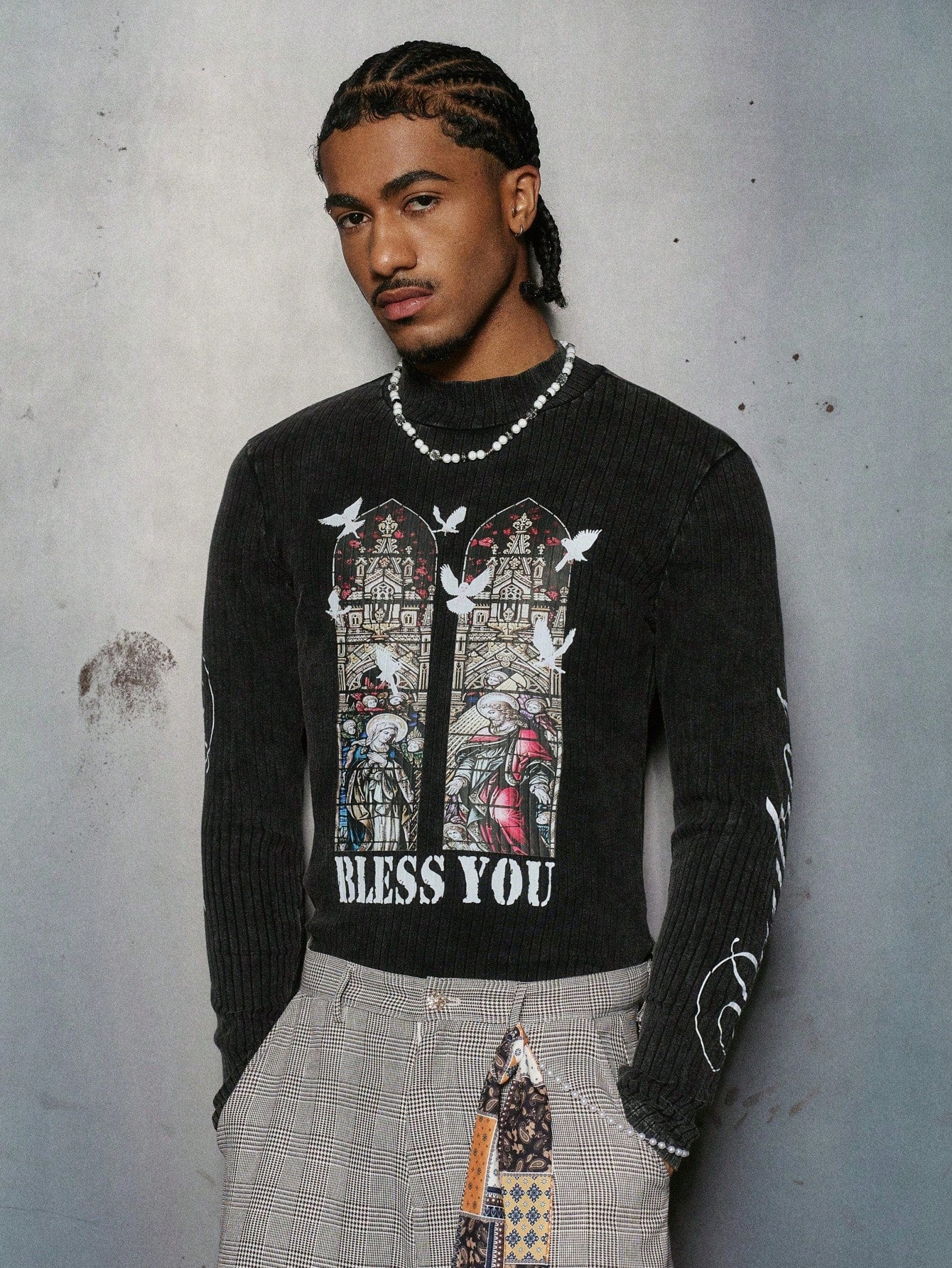 Y2K Dark Grey Religious Graphic Ribbed T-Shirt
