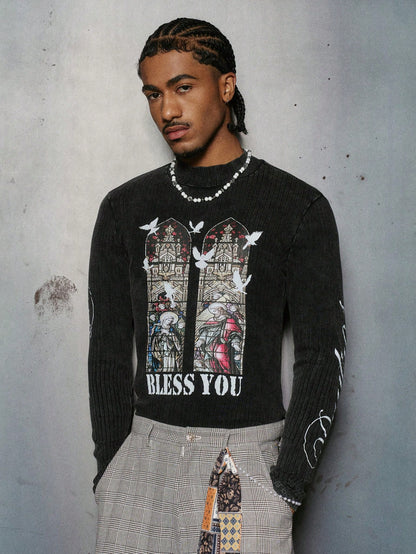 Y2K Dark Grey Religious Graphic Ribbed T-Shirt