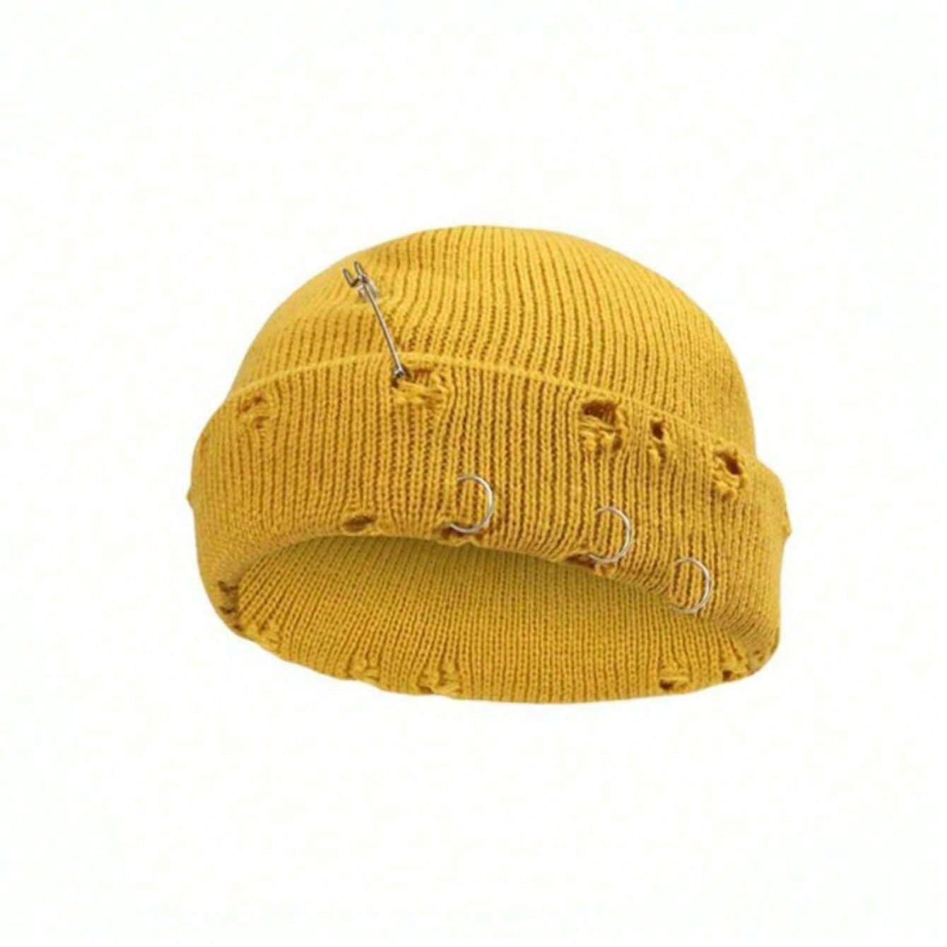 Unisex Hip Hop Ripped Beanie with Pin & Rings