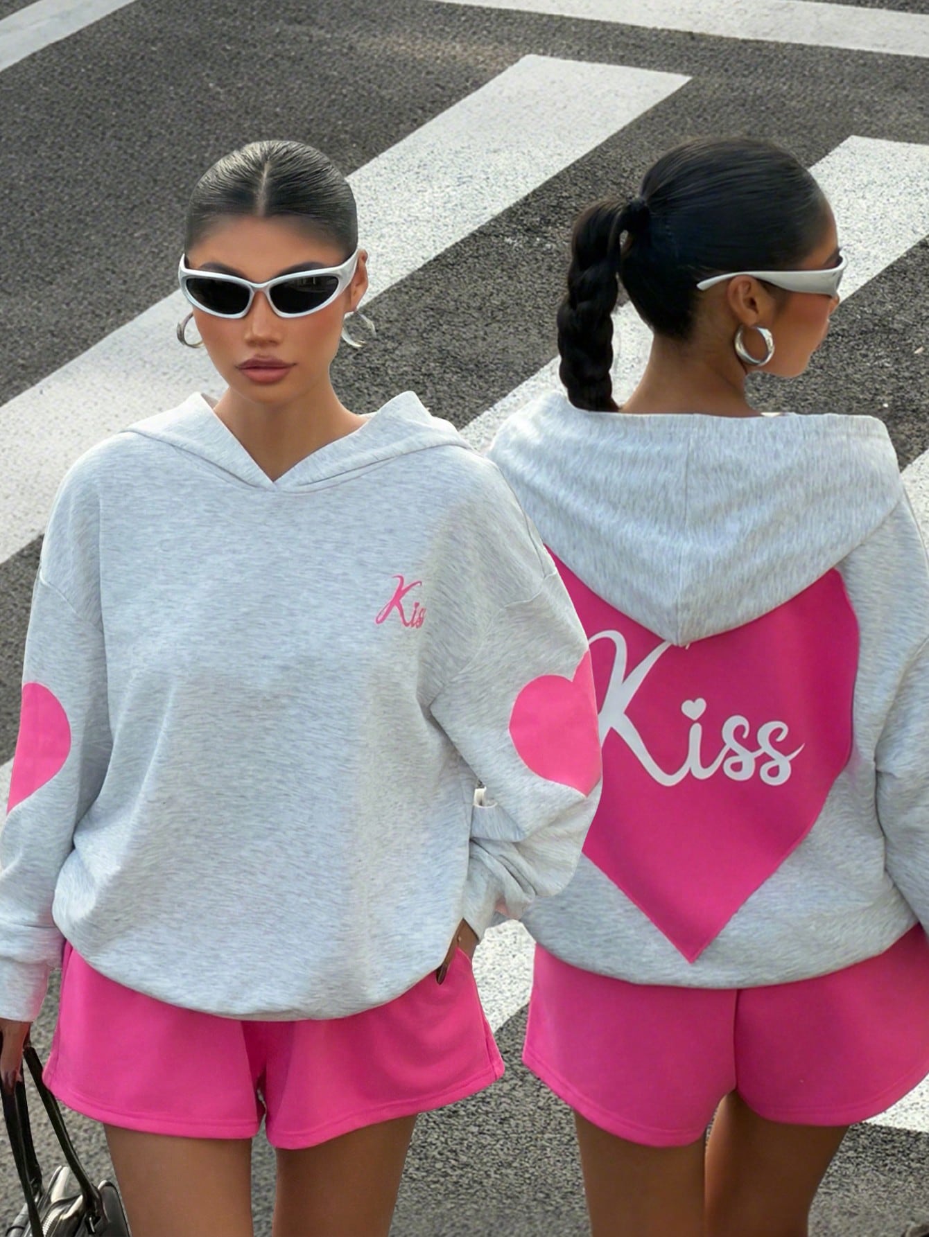 Women's Heart Pattern Loose Sweatshirt and Shorts Set