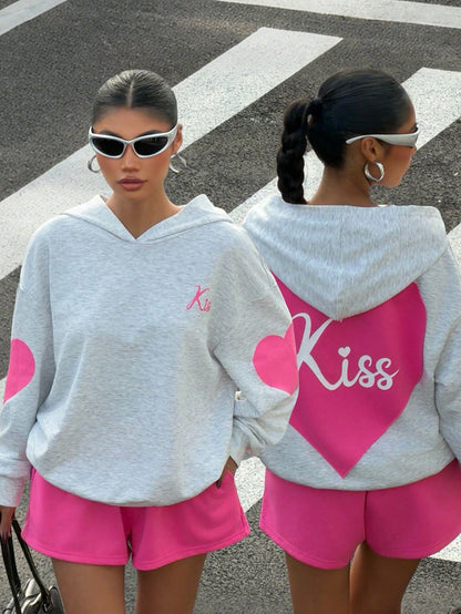 Women's Heart Pattern Loose Sweatshirt and Shorts Set