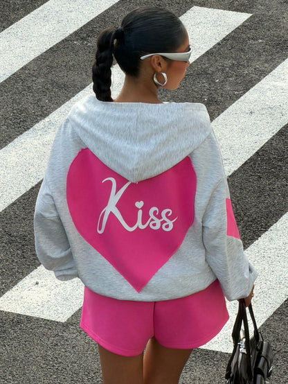 Women's Heart Pattern Loose Sweatshirt and Shorts Set