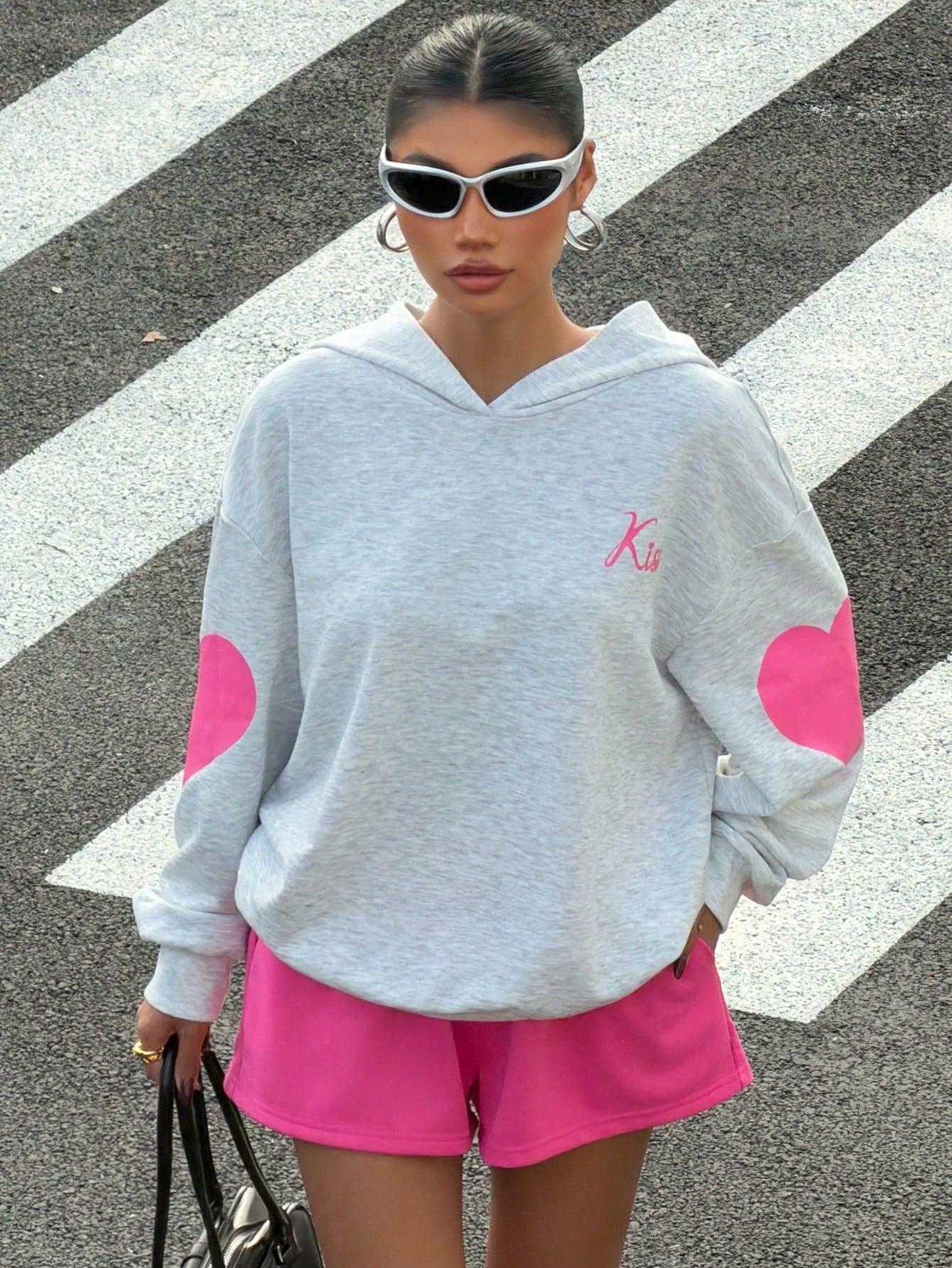 Women's Heart Pattern Loose Sweatshirt and Shorts Set