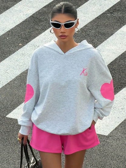 Women's Heart Pattern Loose Sweatshirt and Shorts Set