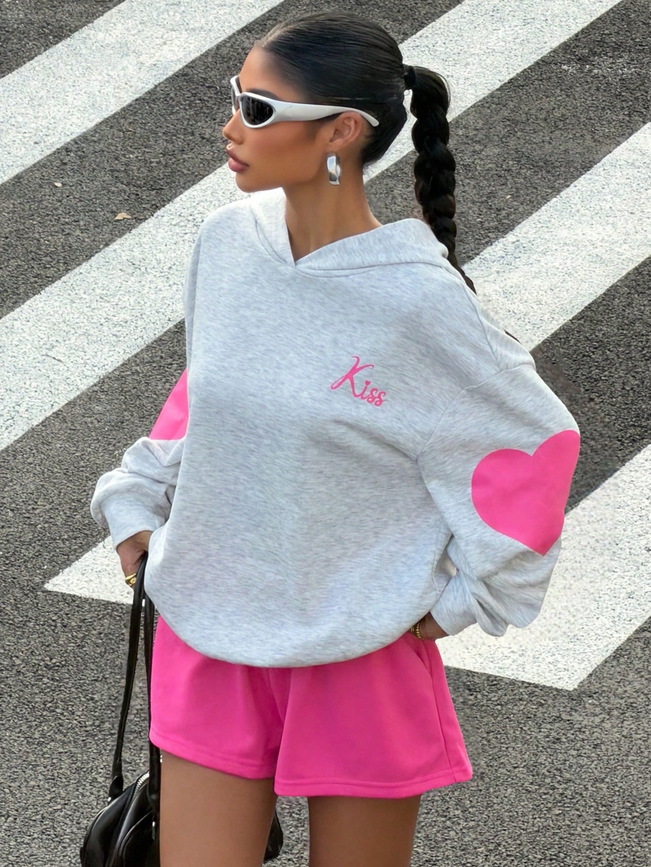Women's Heart Pattern Loose Sweatshirt and Shorts Set