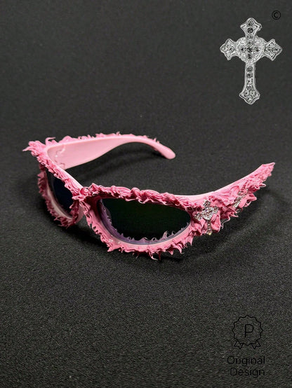 Future Punk Diamond Heart Cross Asymmetric Glasses