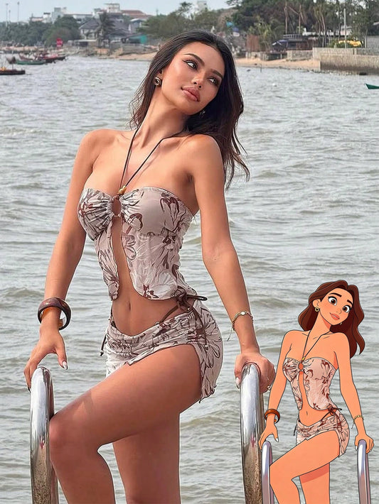 Floral Mesh Beaded 3-Piece Halter Bikini Set
