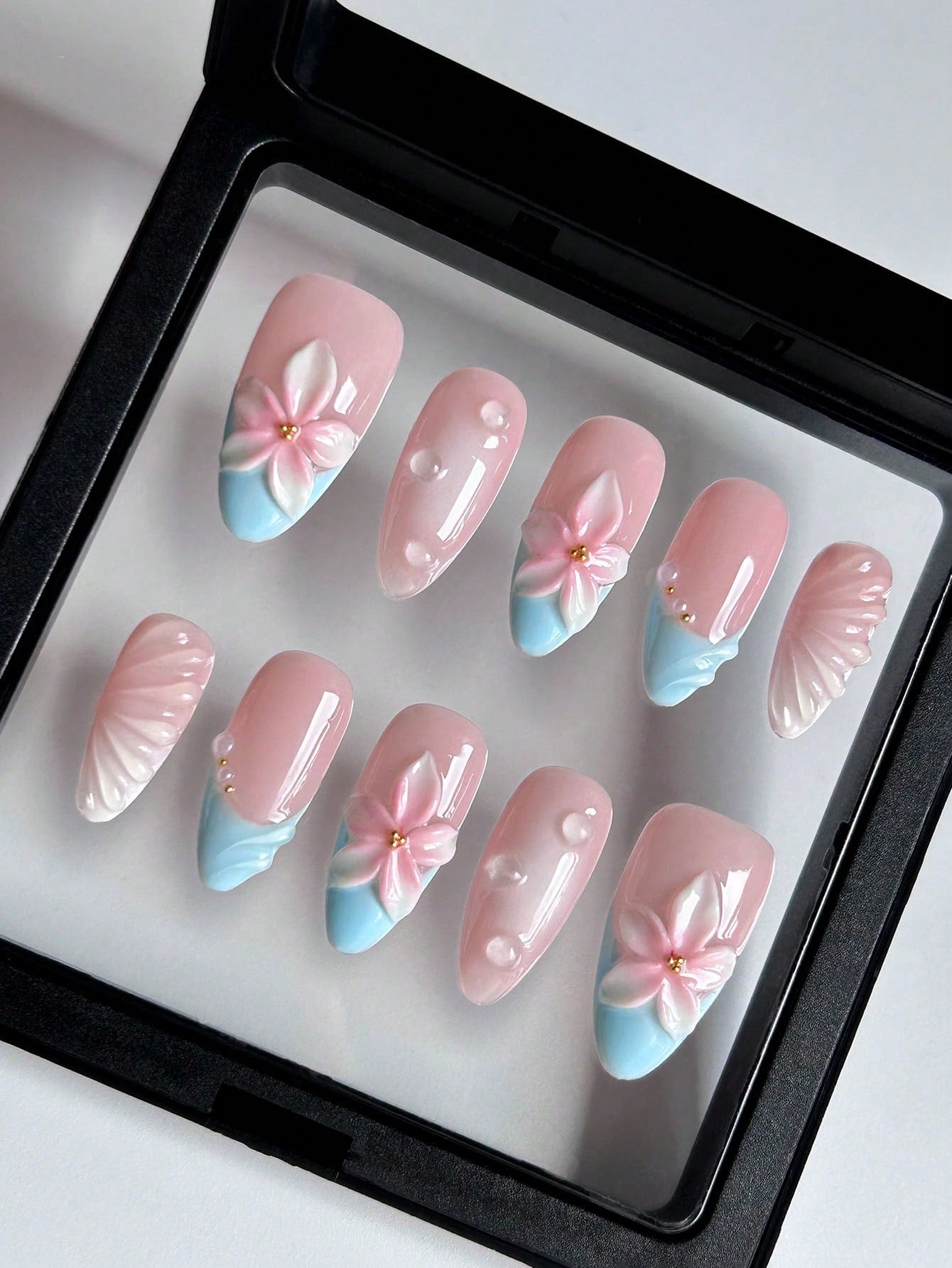 Blue French Almond Press-On Nails with 3D Floral
