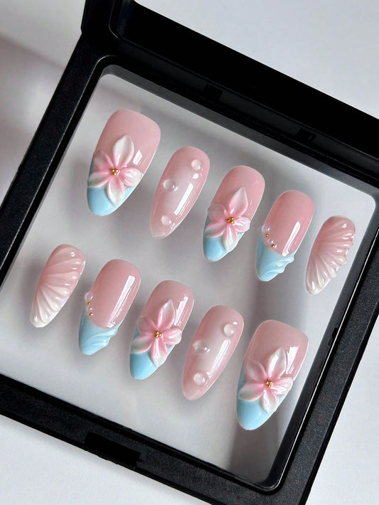 Blue French Almond Press-On Nails with 3D Floral