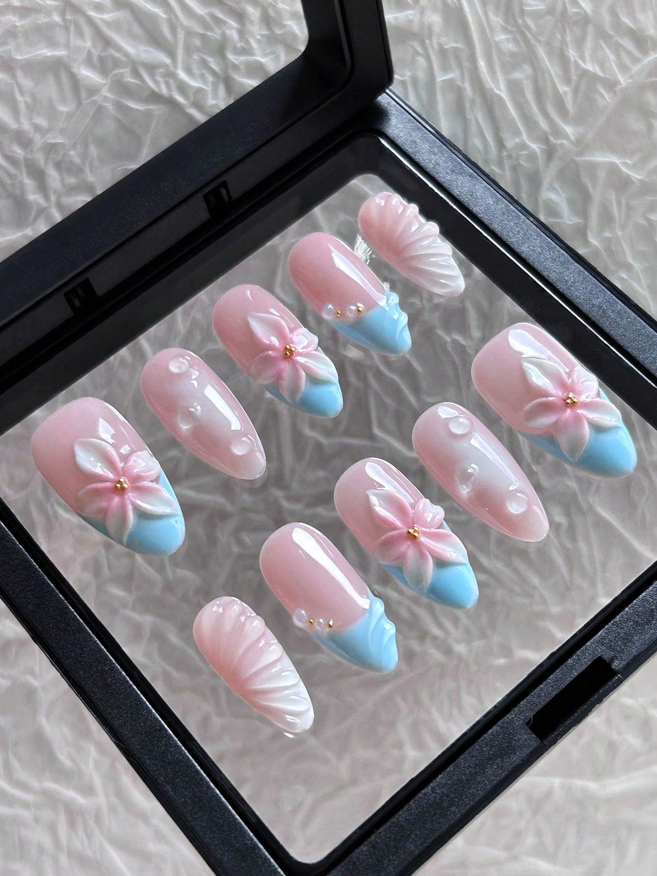 Blue French Almond Press-On Nails with 3D Floral