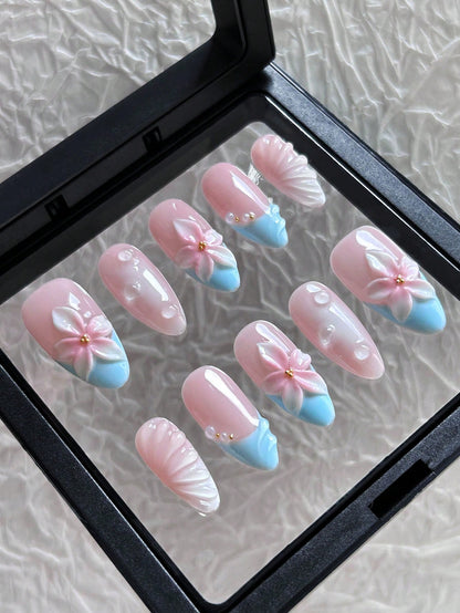 Blue French Almond Press-On Nails with 3D Floral