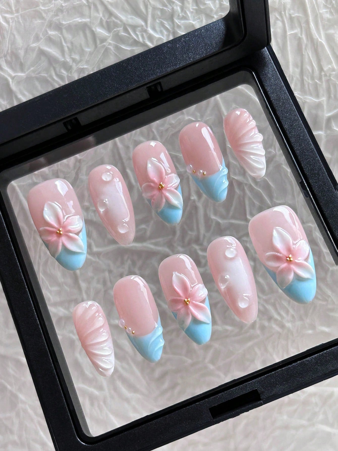 Blue French Almond Press-On Nails with 3D Floral