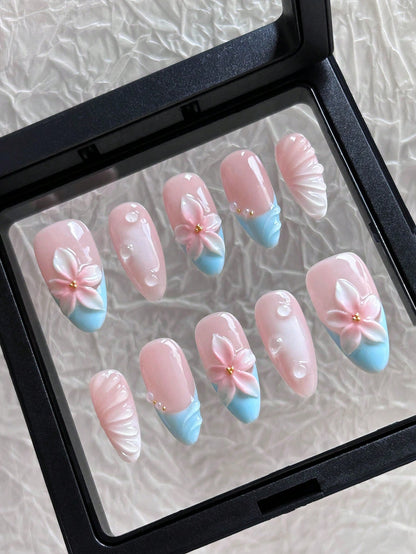 Blue French Almond Press-On Nails with 3D Floral