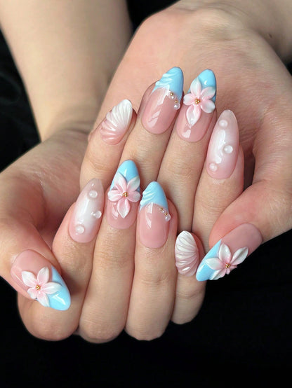 Blue French Almond Press-On Nails with 3D Floral
