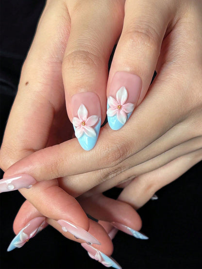 Blue French Almond Press-On Nails with 3D Floral