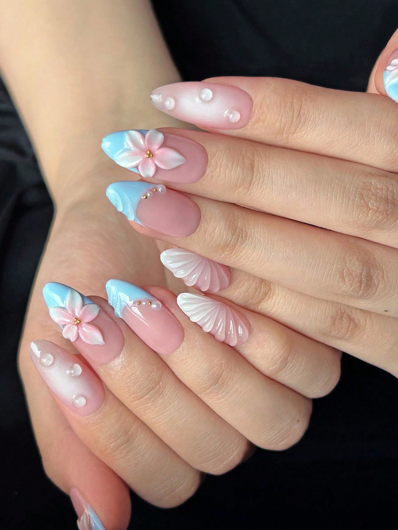 Blue French Almond Press-On Nails with 3D Floral