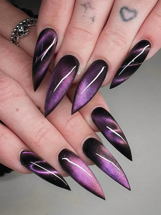 Purple Cat Eye Gothic Long Pointed Press-On Nails