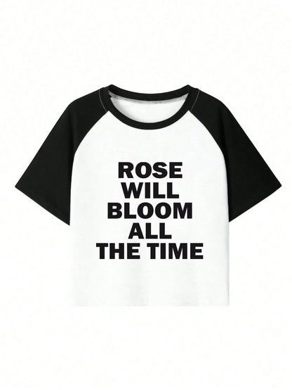 Women's Letter Print Raglan Contrast Crop Top