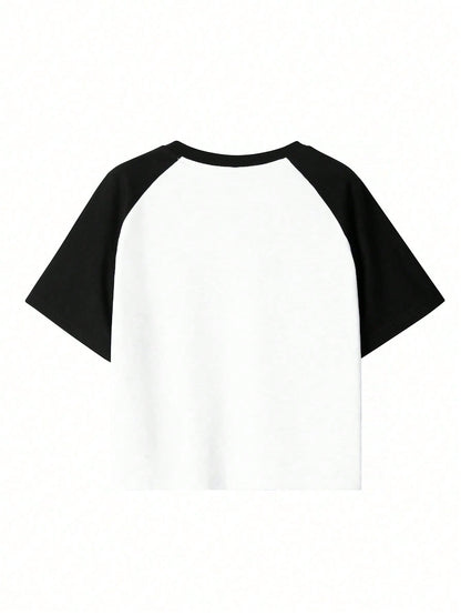 Women's Letter Print Raglan Contrast Crop Top