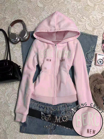 Women's Letter Print Long Sleeve Zip Front Hoodie