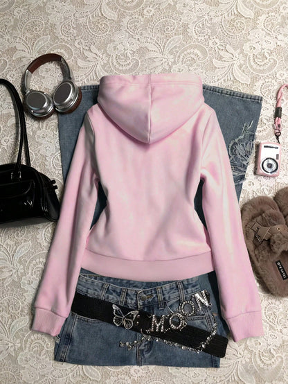 Women's Letter Print Long Sleeve Zip Front Hoodie