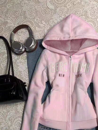 Women's Letter Print Long Sleeve Zip Front Hoodie