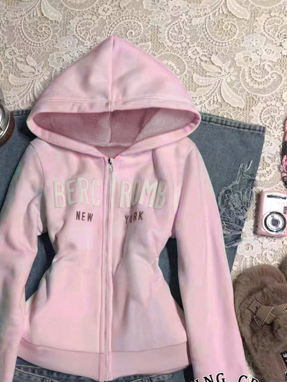 Women's Letter Print Long Sleeve Zip Front Hoodie