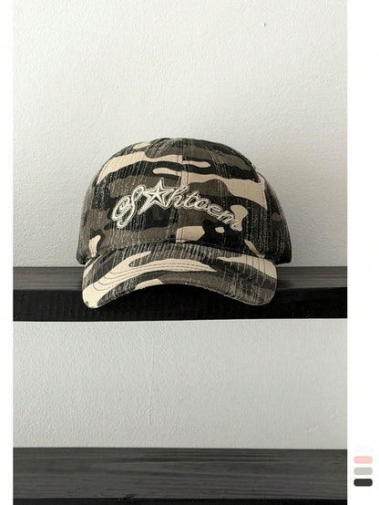 Retro Y2K Camo Embroidery Distressed Baseball Cap
