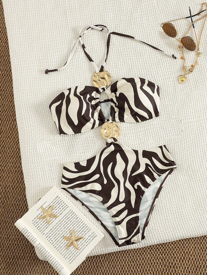 Metallic Accent Printed Strapped One-Piece Swimsuit