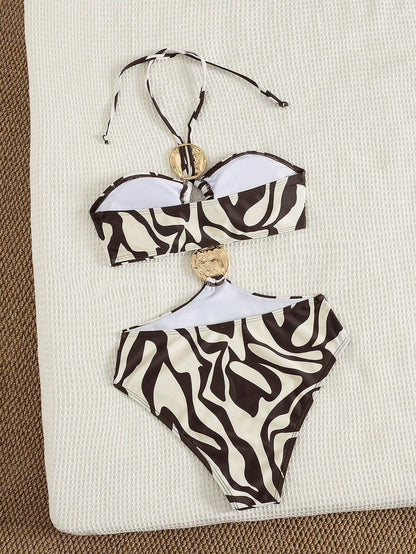 Metallic Accent Printed Strapped One-Piece Swimsuit